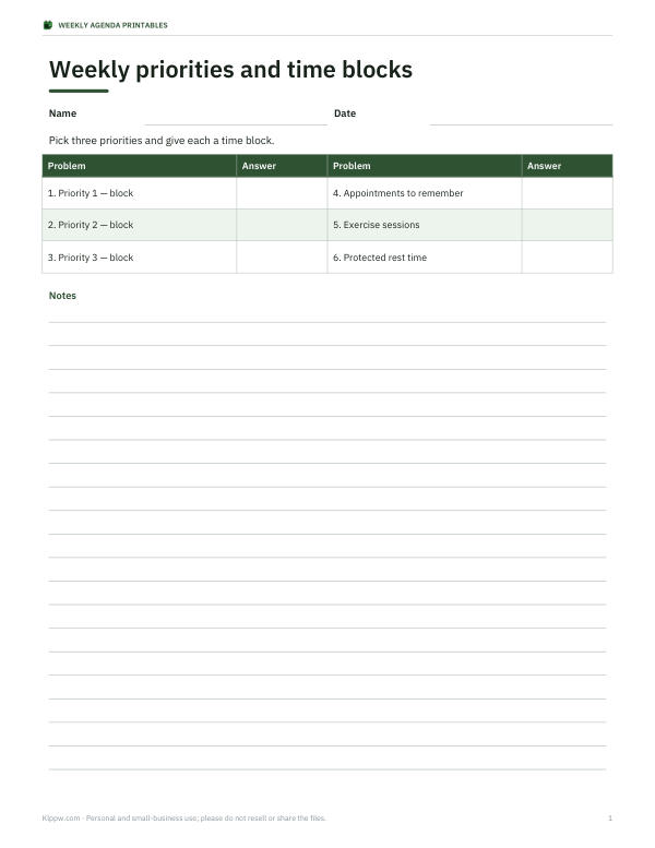 Preview of Printable Weekly Priorities Sheet