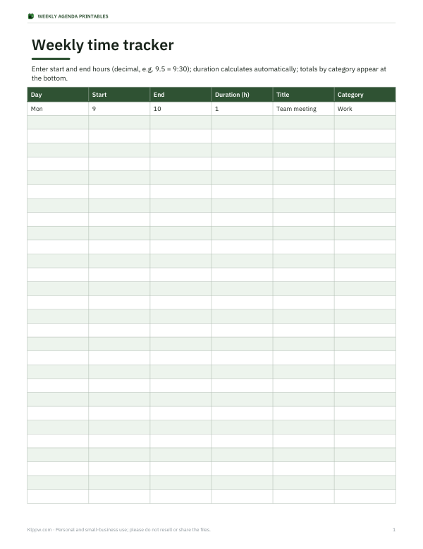Preview of Printable Weekly Time Tracker